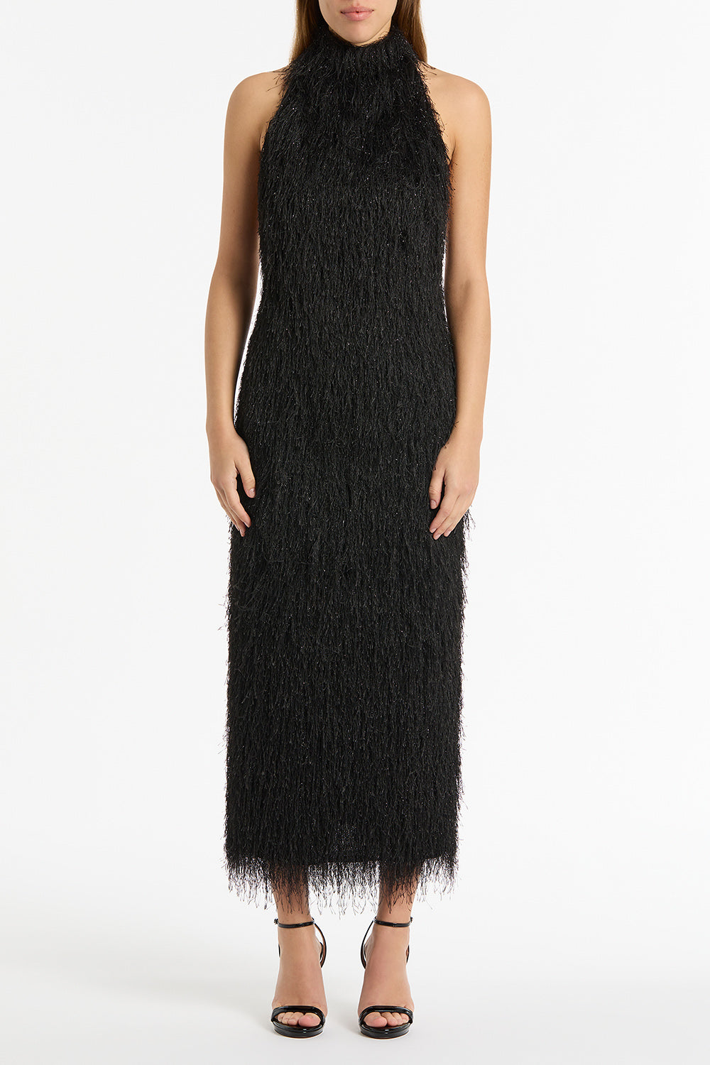 Carla Zampatti Fringe Knit Fitted Dress (Black)