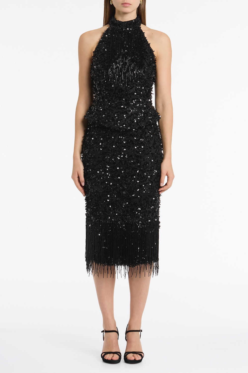Image of a model wearing Tops. Product name - Black Fringe Sequin Lace Bodice in Black colour by brand - Carla Zampatti