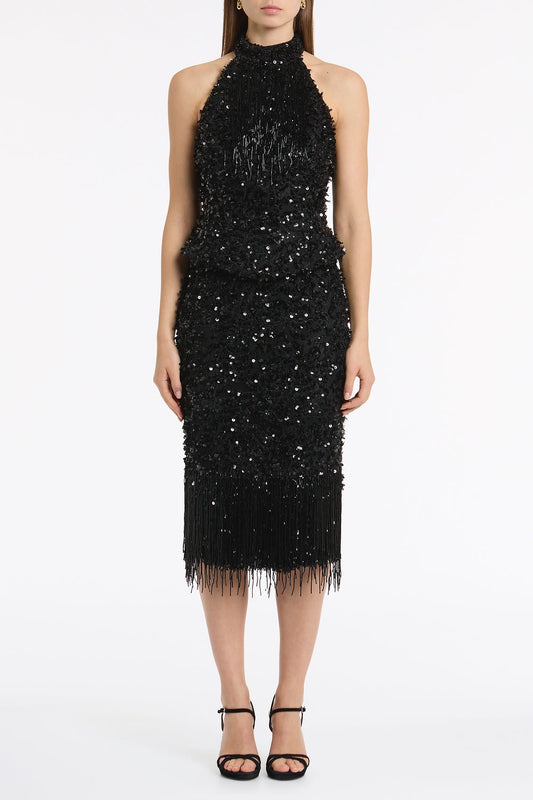 Image of a model wearing Tops. Product name - Black Fringe Sequin Lace Bodice in Black colour by brand - Carla Zampatti