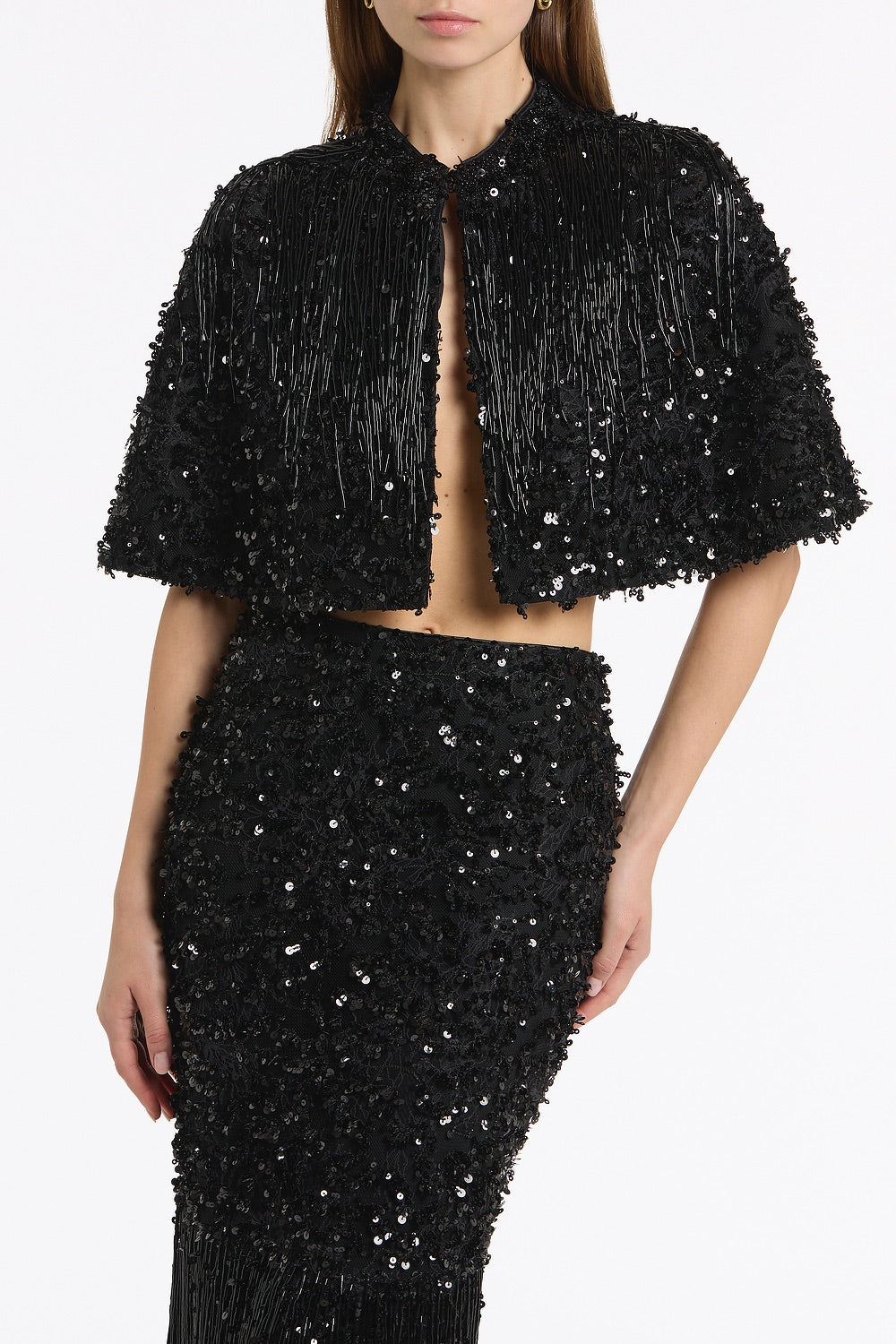 Carla Zampatti Fringe Sequin Lace Cape (Black)