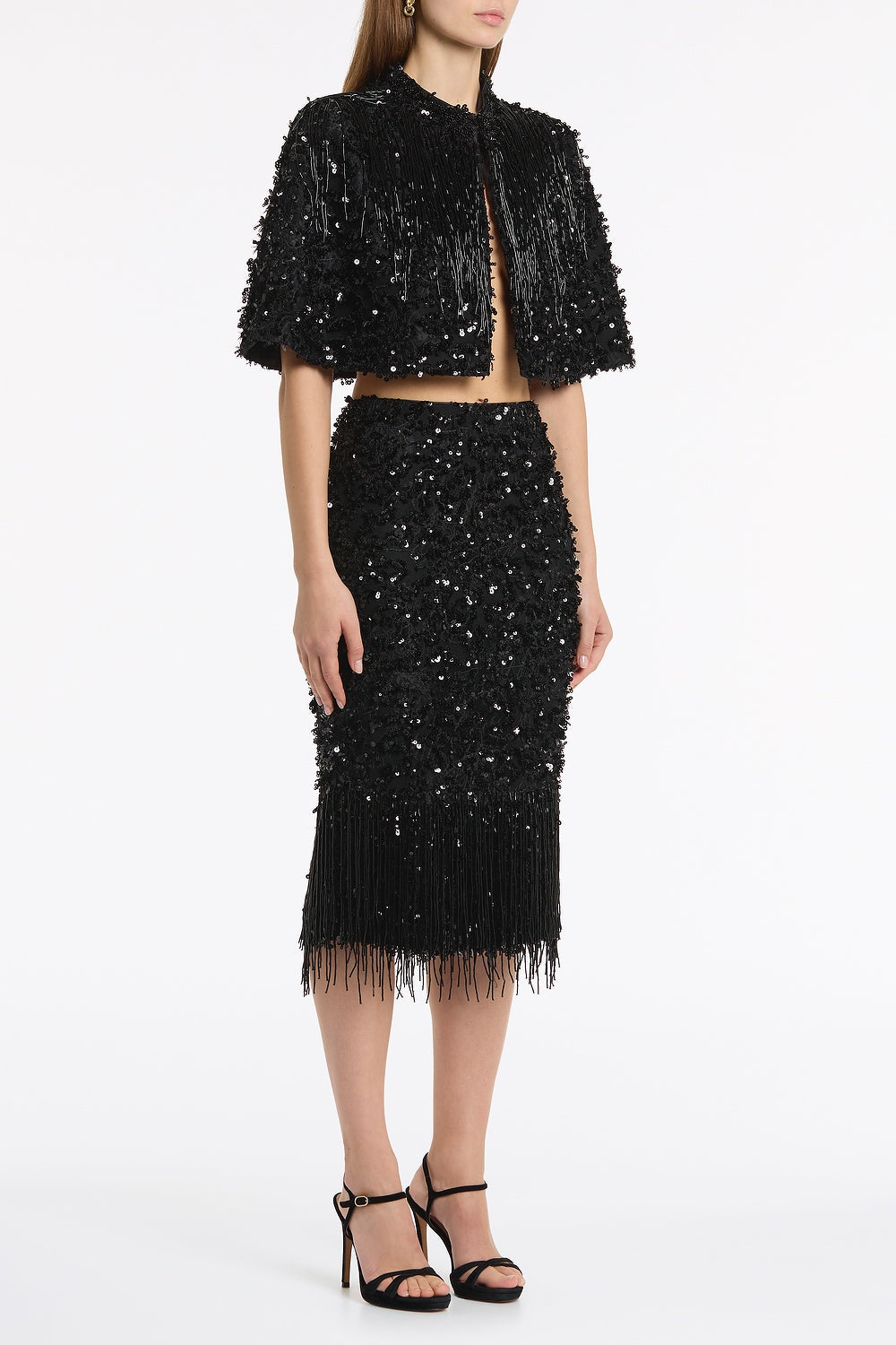Carla Zampatti Fringe Sequin Lace Midi Skirt (Black)