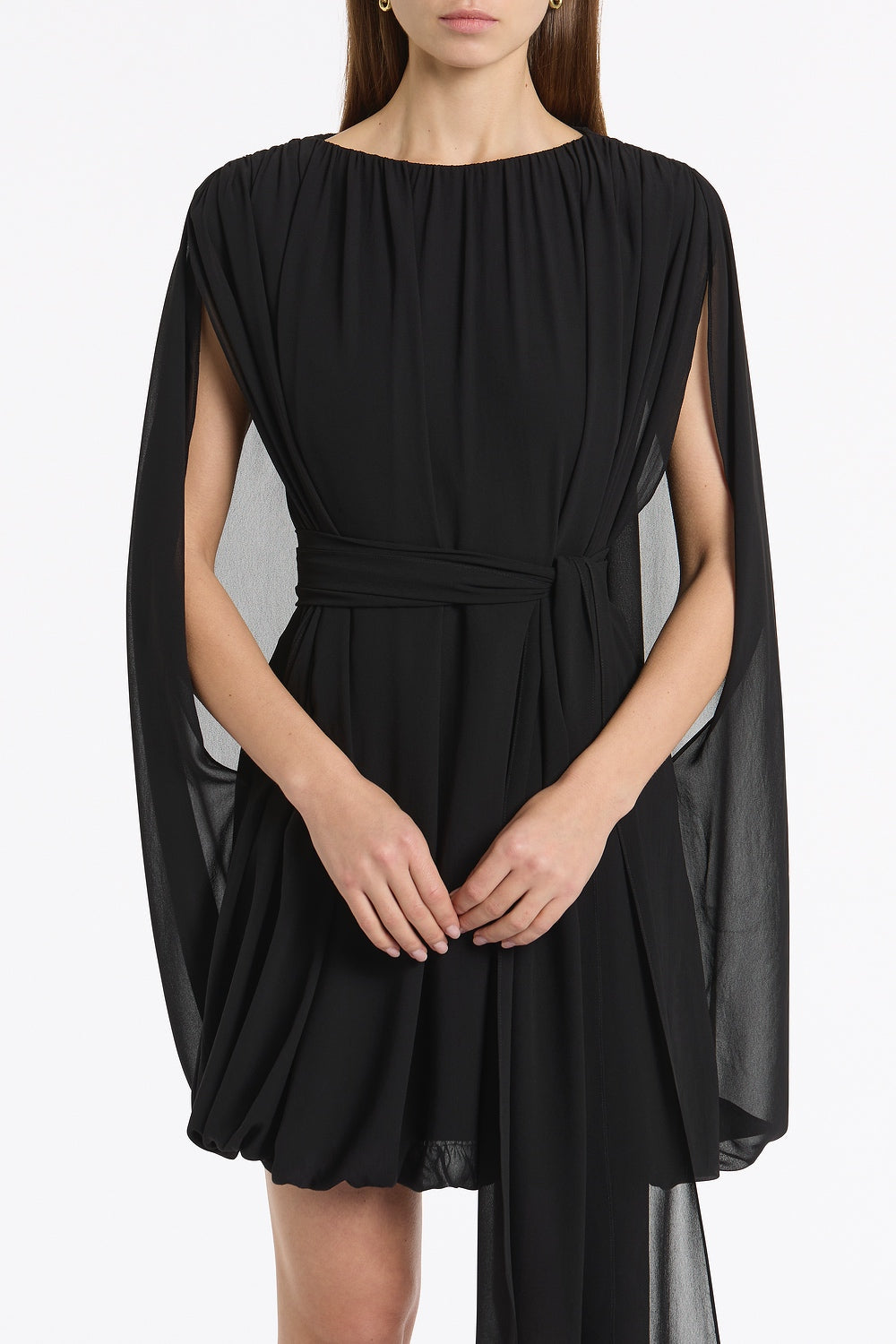 Carla Zampatti Georgette Gathered Capelet Mini Dress (Black)