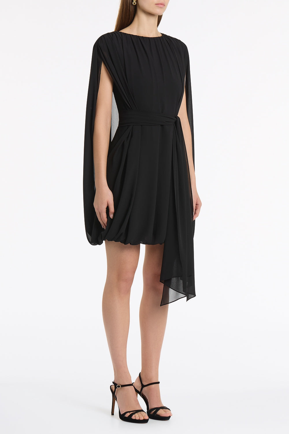Carla Zampatti Georgette Gathered Capelet Mini Dress (Black)