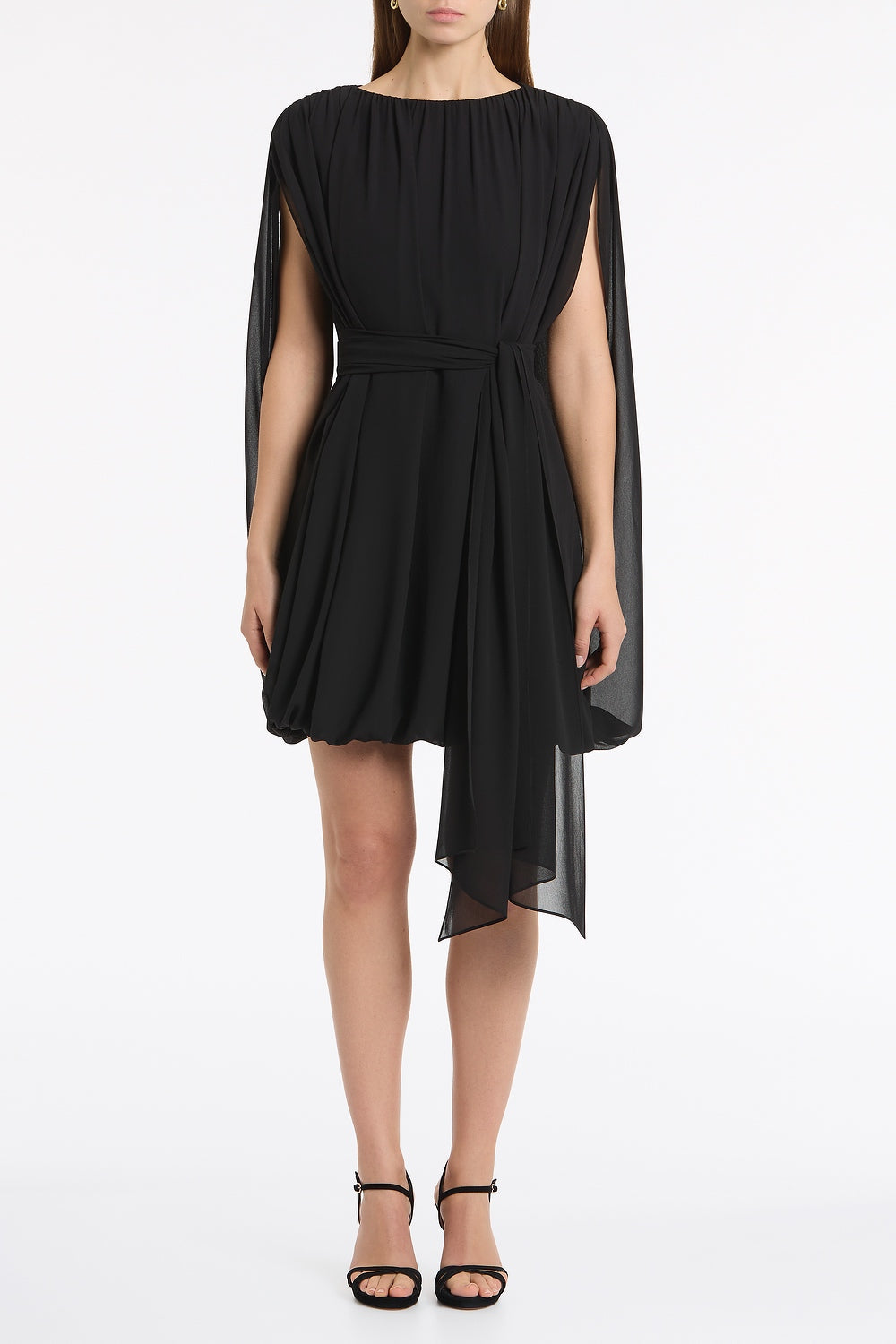 Image of Dresses. Product name - Black Georgette Gathered Capelet Mini Dress in Black colour by brand - Carla Zampatti