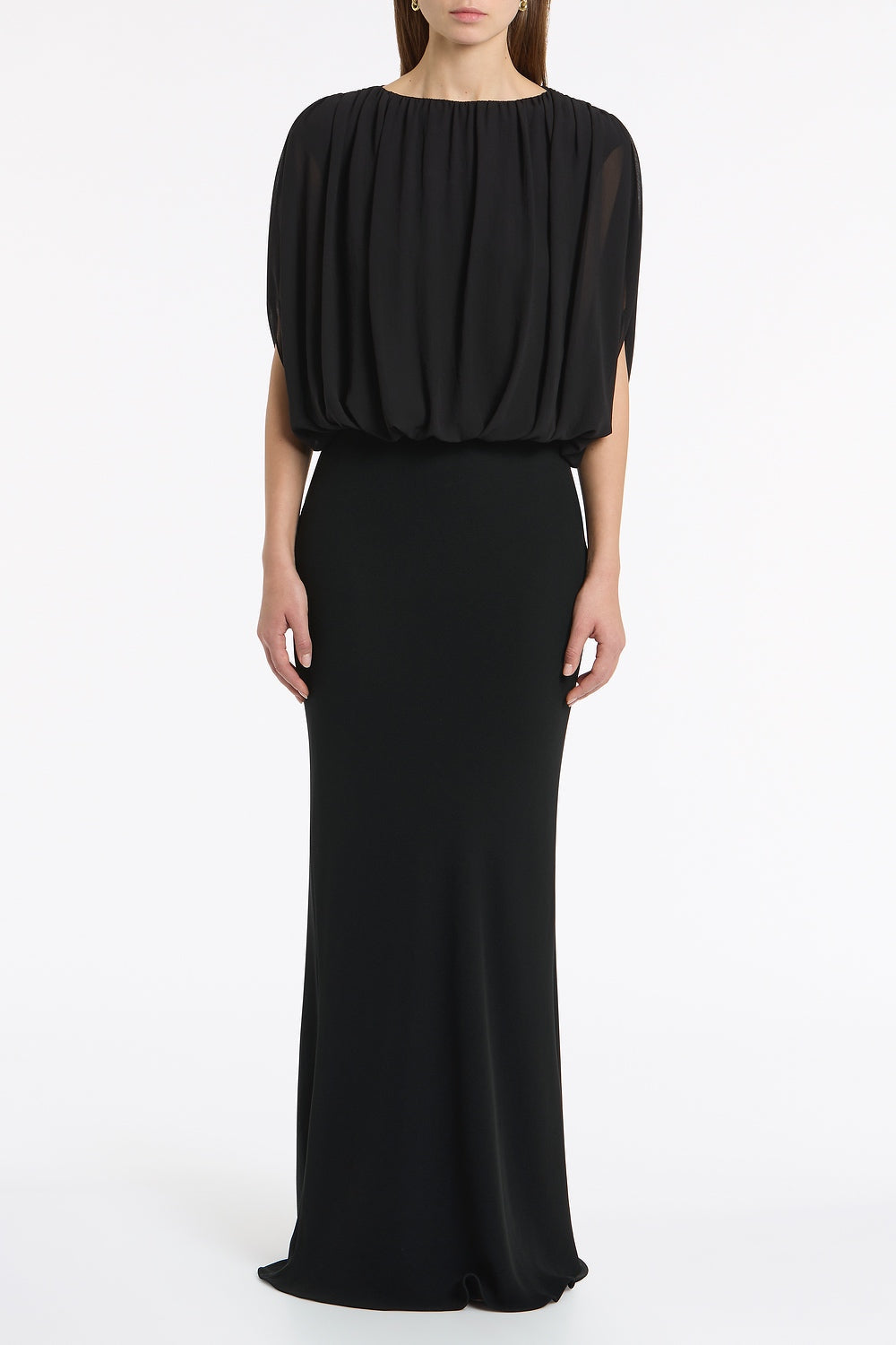 Image of a model wearing Tops. Product name - Black Georgette Gathered Capelet Top in Black colour by brand - Carla Zampatti
