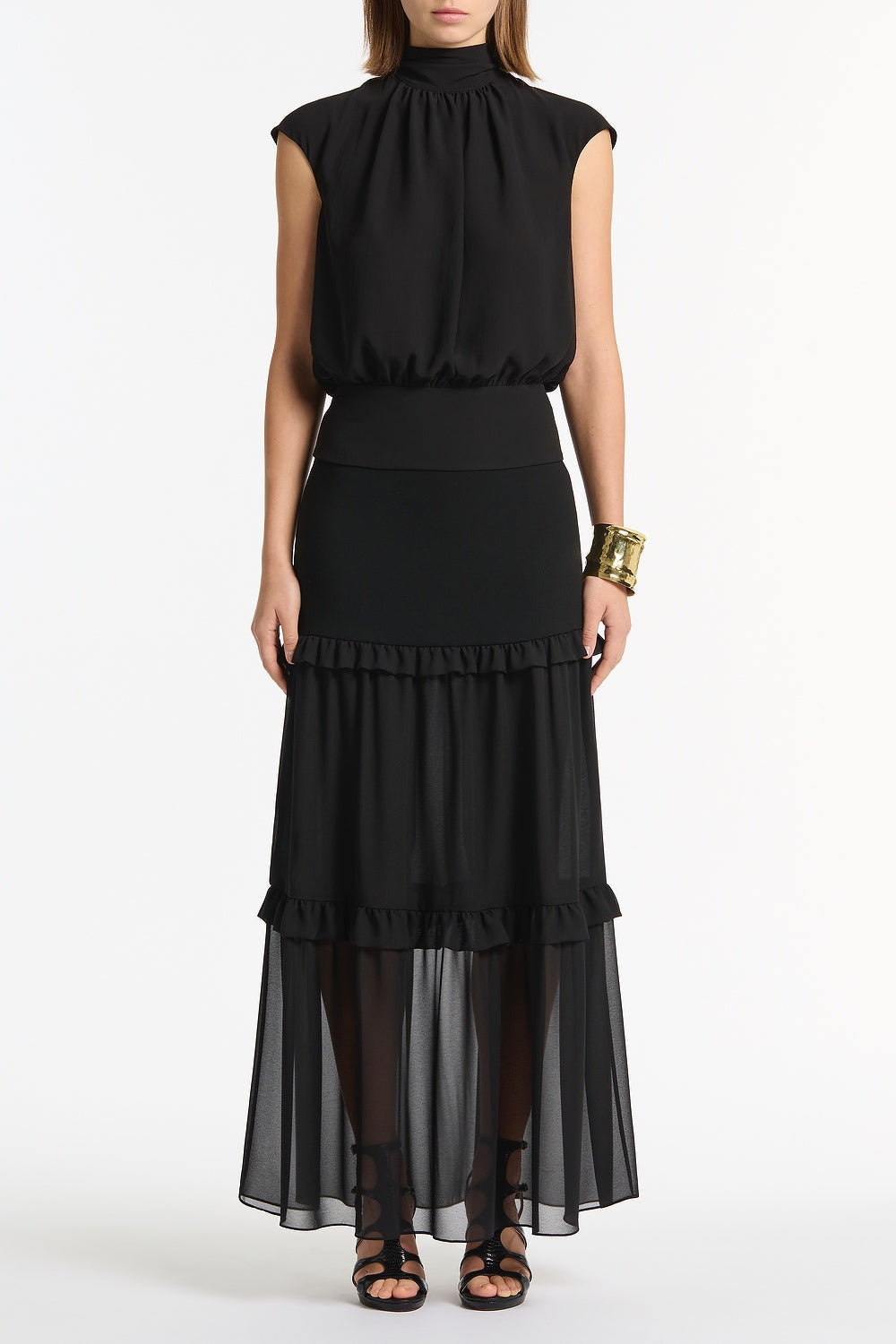 Image of a model wearing Tops. Product name - Black Georgette Scarf Top in Black colour by brand - Carla Zampatti
