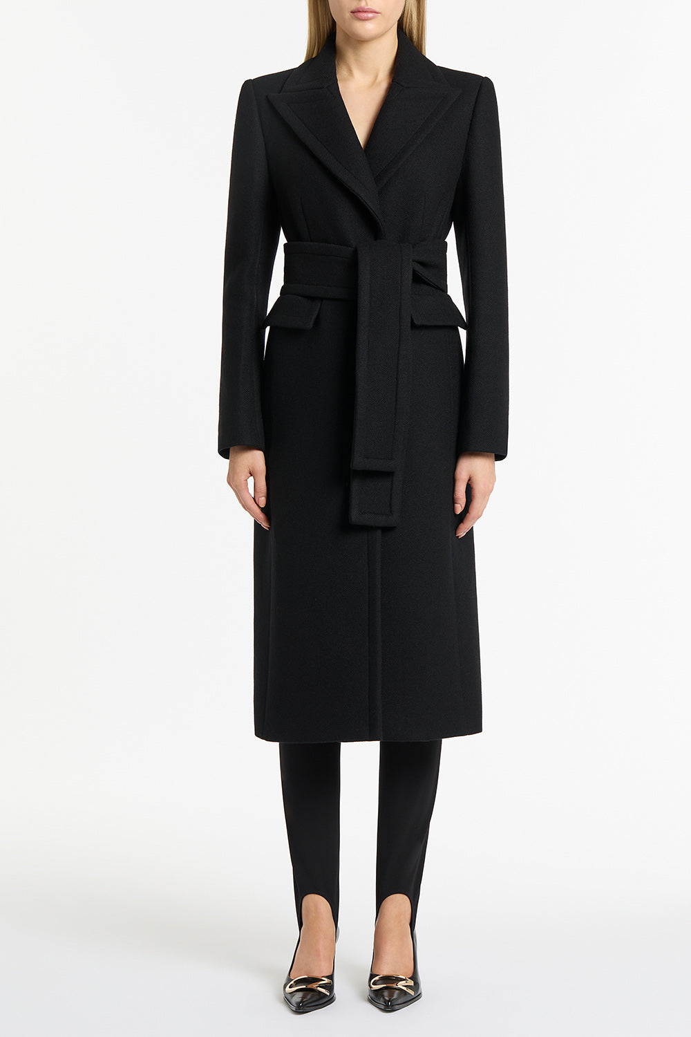 Image of a model wearing Outerwear. Product name - Black Italian Wool Belted Coat in Black colour by brand - Carla Zampatti