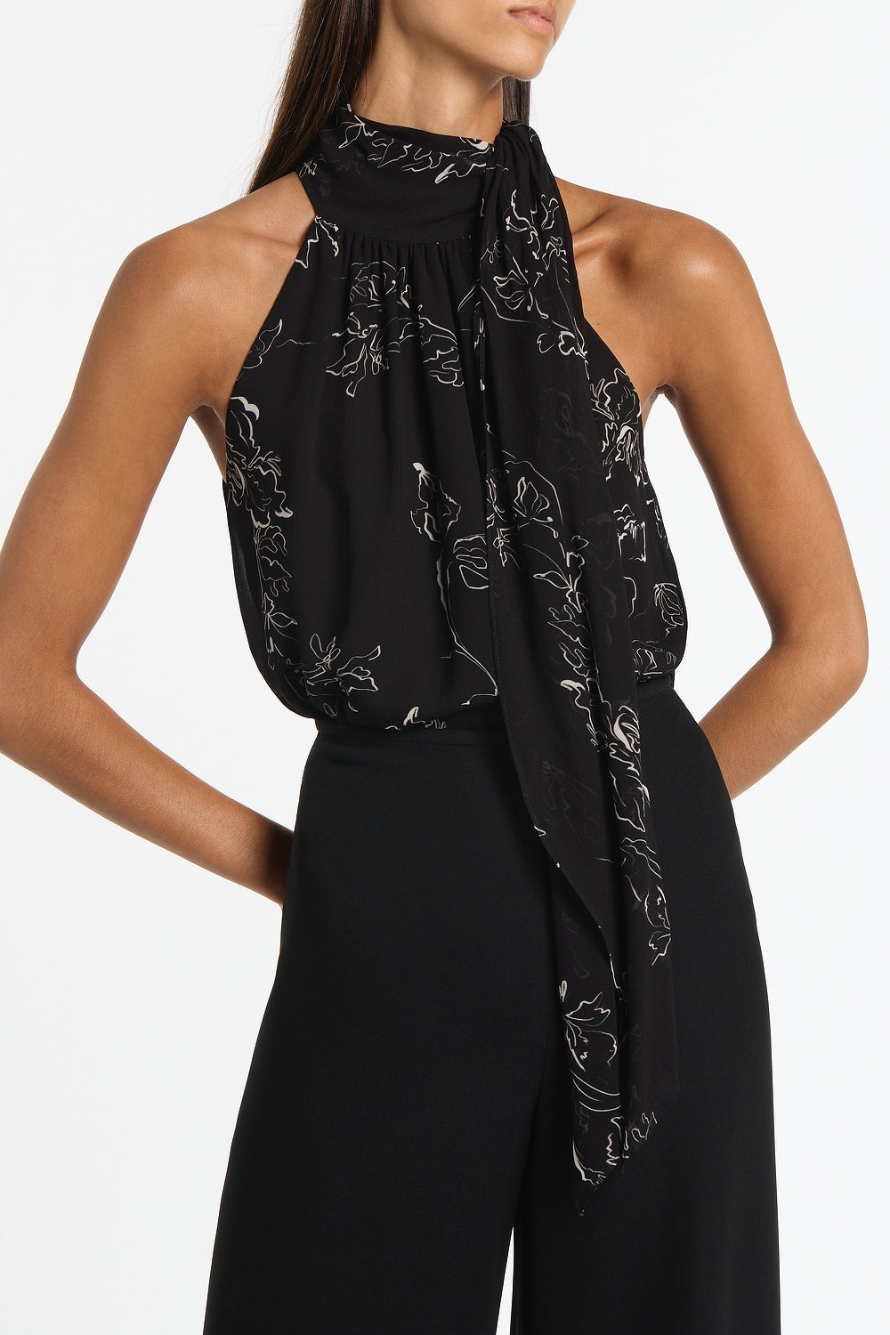 Carla Zampatti Linear Floral Gathered Halter Top (Black)