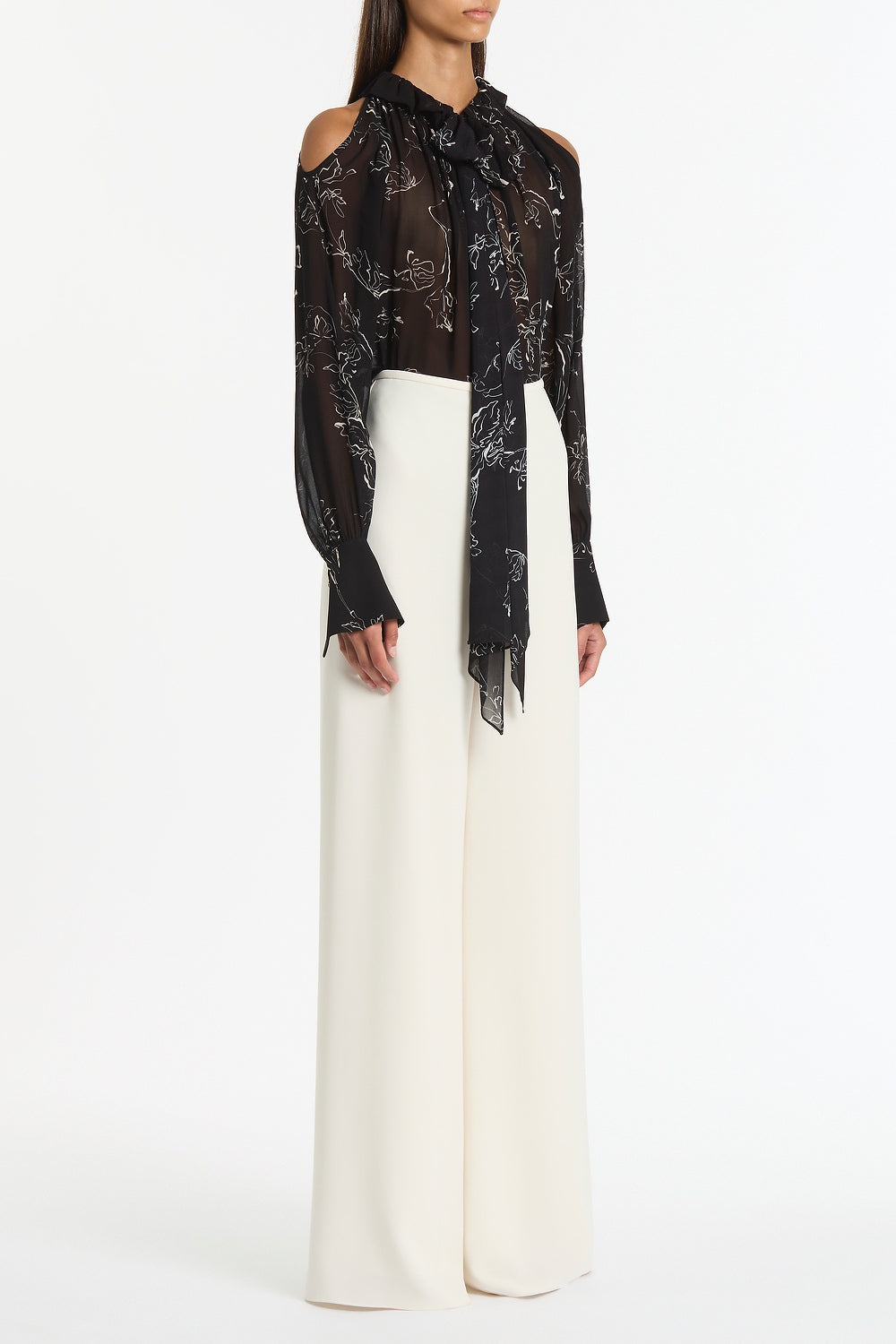 Carla Zampatti Linear Floral Ruffle Blouse (Black)