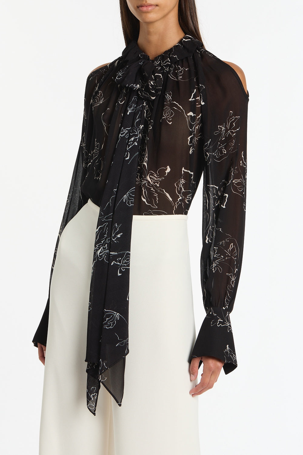 Carla Zampatti Linear Floral Ruffle Blouse (Black)