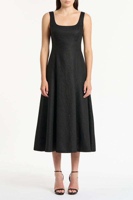 Image of Dresses. Product name - Black Linen Square Neck Midi Dress in Black colour by brand - Carla Zampatti