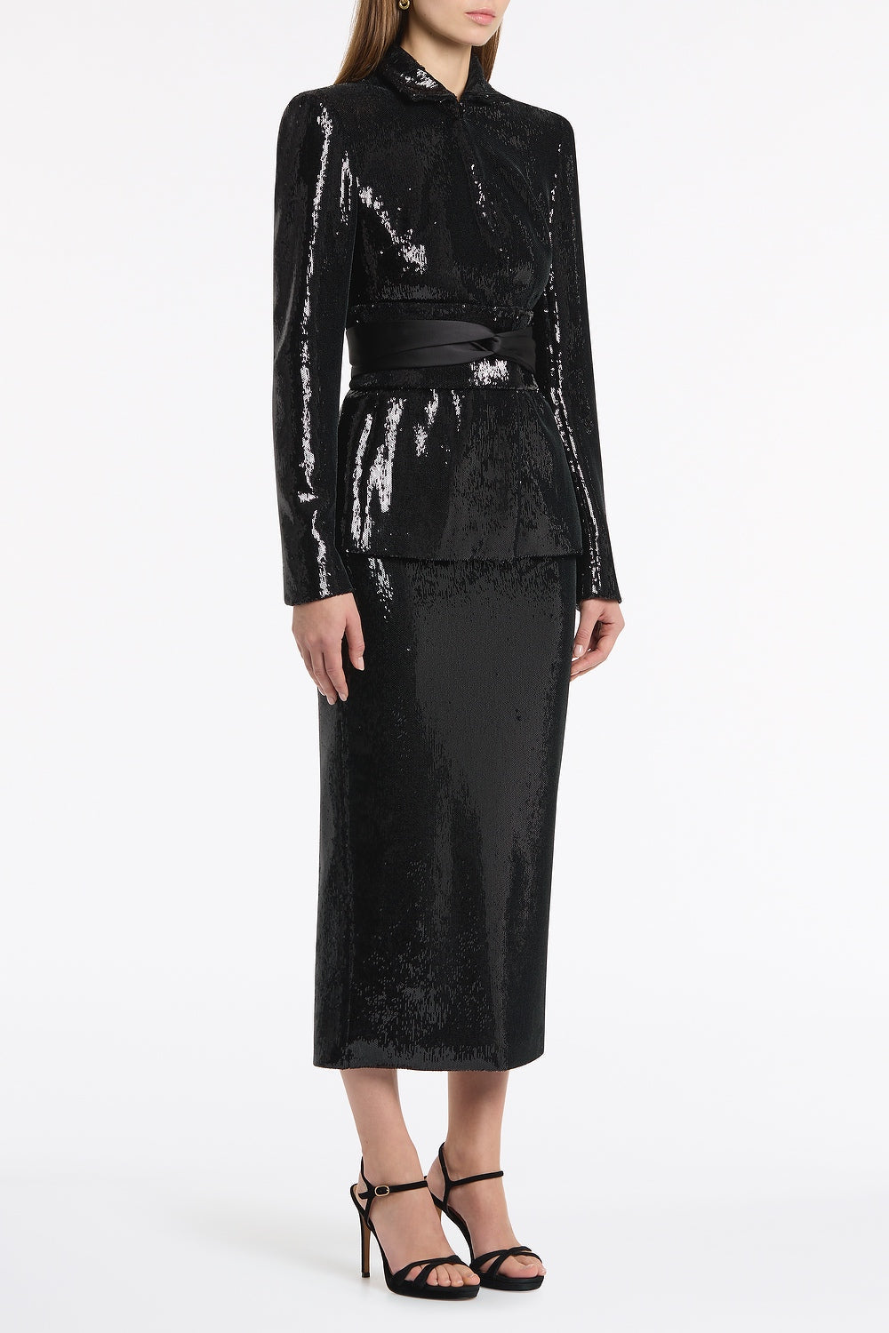 Carla Zampatti Liquid Sequin Long Line Pencil Skirt (Black)