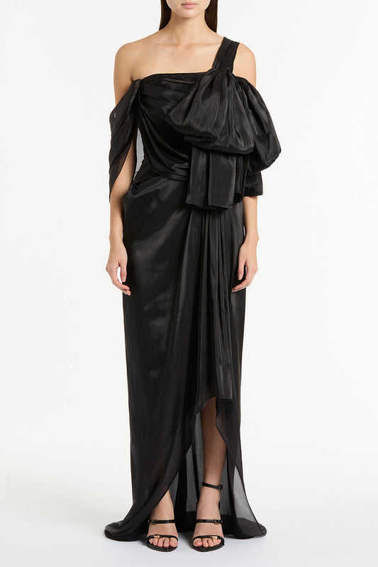 Image of Dresses. Product name - Black Lustre Chiffon Bow Gown in Black colour by brand - Carla Zampatti