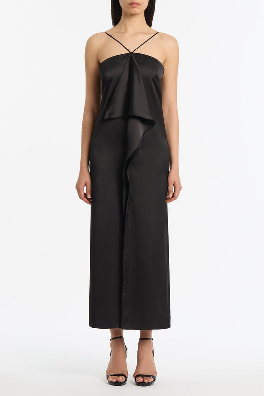 Image of Dresses. Product name - Black Lustre Satin Frill Front Dress in Black colour by brand - Carla Zampatti