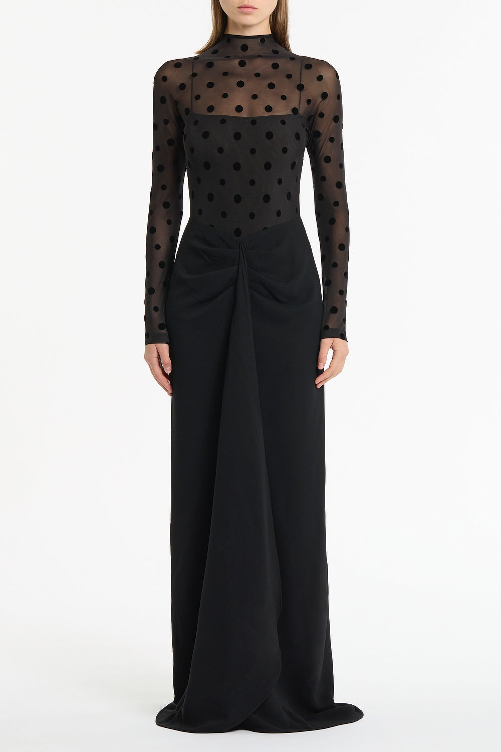 Image of Dresses. Product name - Black Mesh Spot Contrast Gown in Black colour by brand - Carla Zampatti