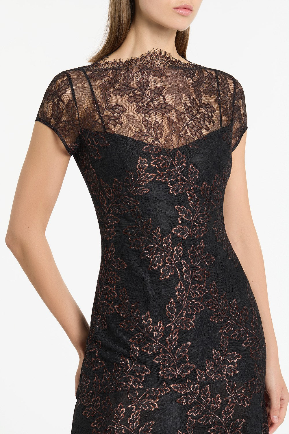 Carla Zampatti Metallic Lace Cap Sleeve Midi Dress (Black)