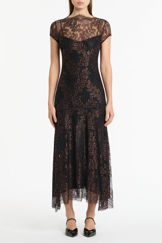 Image of Dresses. Product name - Black Metallic Lace Cap Sleeve Midi Dress in Black colour by brand - Carla Zampatti