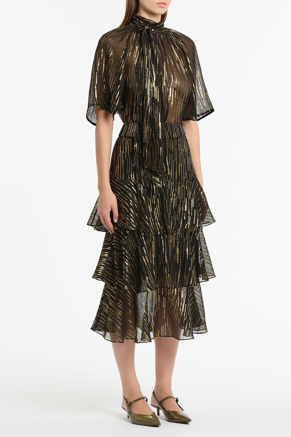 Carla Zampatti Metallic Silk Jacquard Tiered Ruffle Skirt (Black)