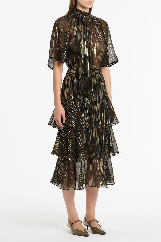 Carla Zampatti Metallic Silk Jacquard Fluted Sleeve Top (Black)