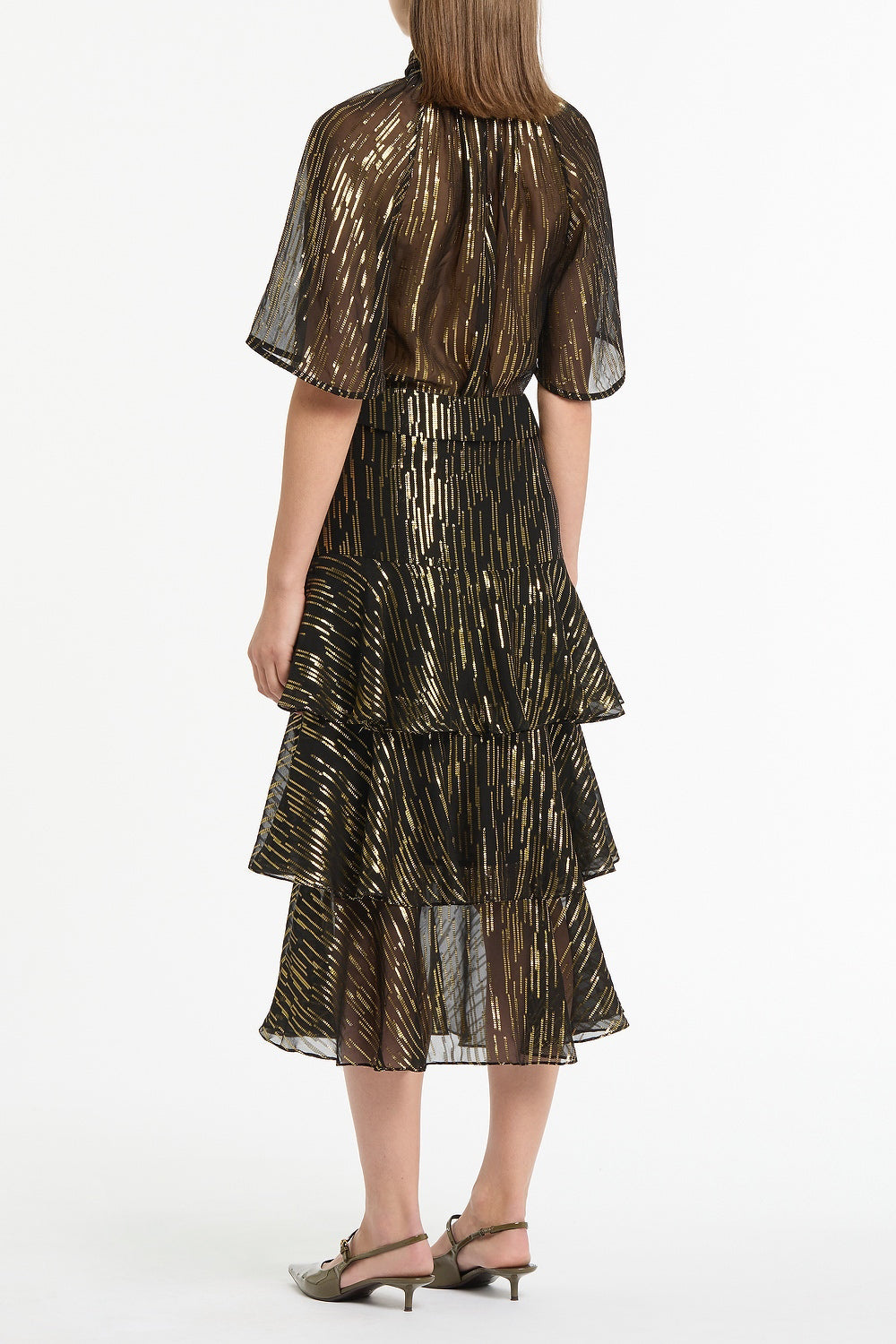 Carla Zampatti Metallic Silk Jacquard Fluted Sleeve Top (Black)