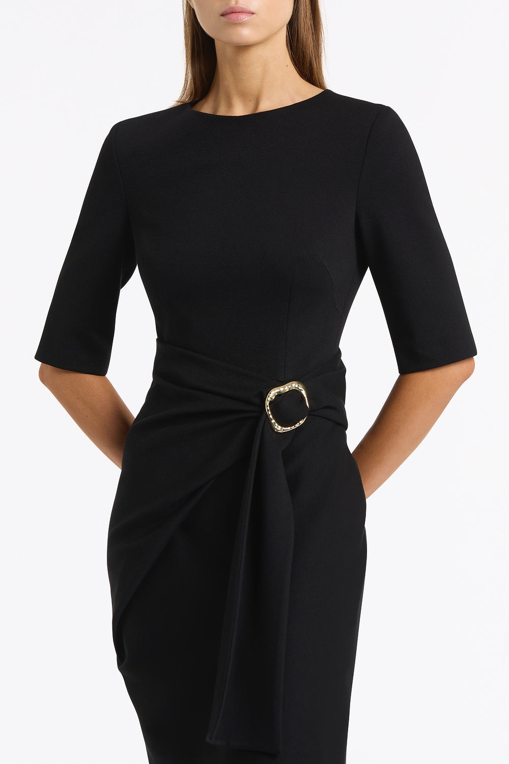 Carla Zampatti Ponte Overlay Wrap Dress (Black)