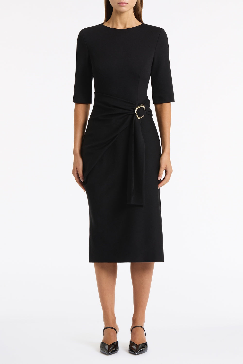 Image of Dresses. Product name - Black Ponte Overlay Wrap Dress in Black colour by brand - Carla Zampatti