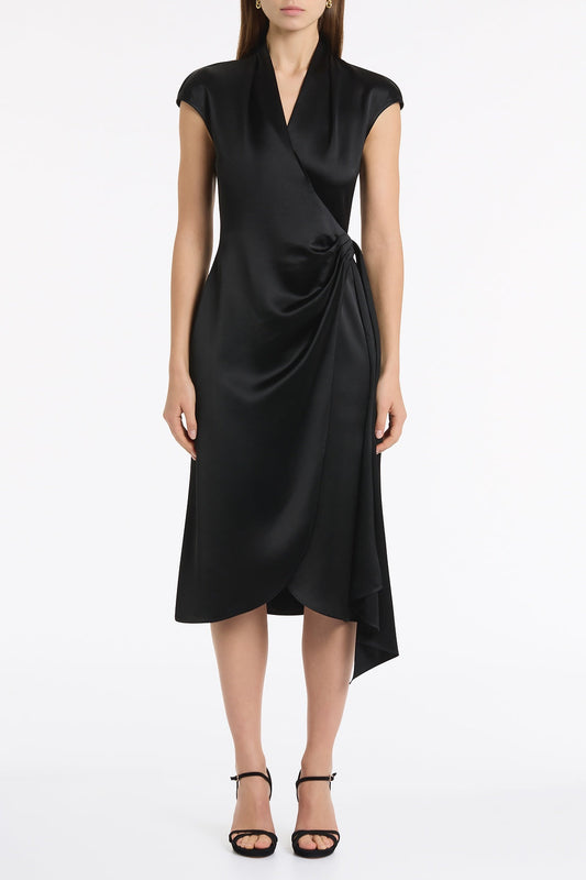Image of Dresses. Product name - Black Satin Acetate Cap Sleeve Wrap Midi Dress in Black colour by brand - Carla Zampatti