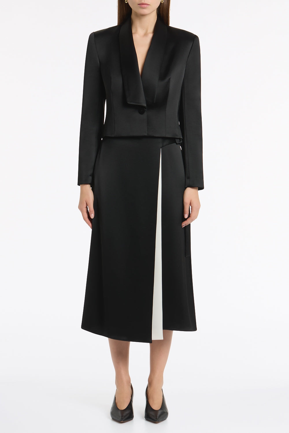 Image of Coats & Jackets. Product name - Black Satin Acetate Cropped Tuxedo Blazer in Black colour by brand - Carla Zampatti