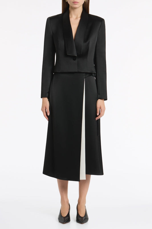 Image of Coats & Jackets. Product name - Black Satin Acetate Cropped Tuxedo Blazer in Black colour by brand - Carla Zampatti