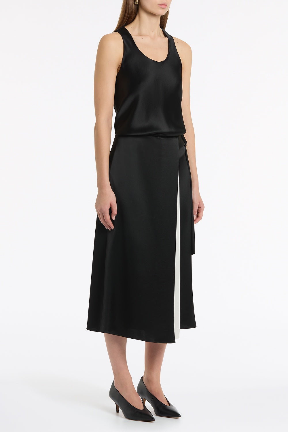 Carla Zampatti Satin Acetate Waist Tie Fluted Midi Skirt (Black)