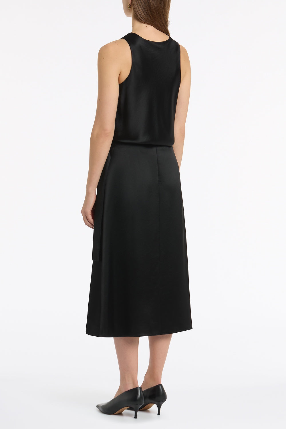 Carla Zampatti Satin Acetate Waist Tie Fluted Midi Skirt (Black)
