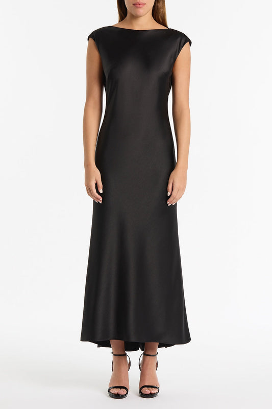 Image of Dresses. Product name - Black Satin Cowl Back Dress in Black colour by brand - Carla Zampatti