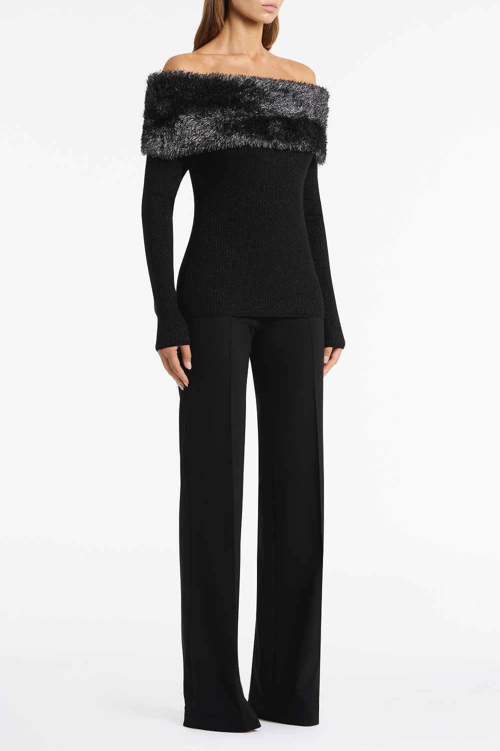 Carla Zampatti Shimmer Knit Off Shoulder Top (Black)