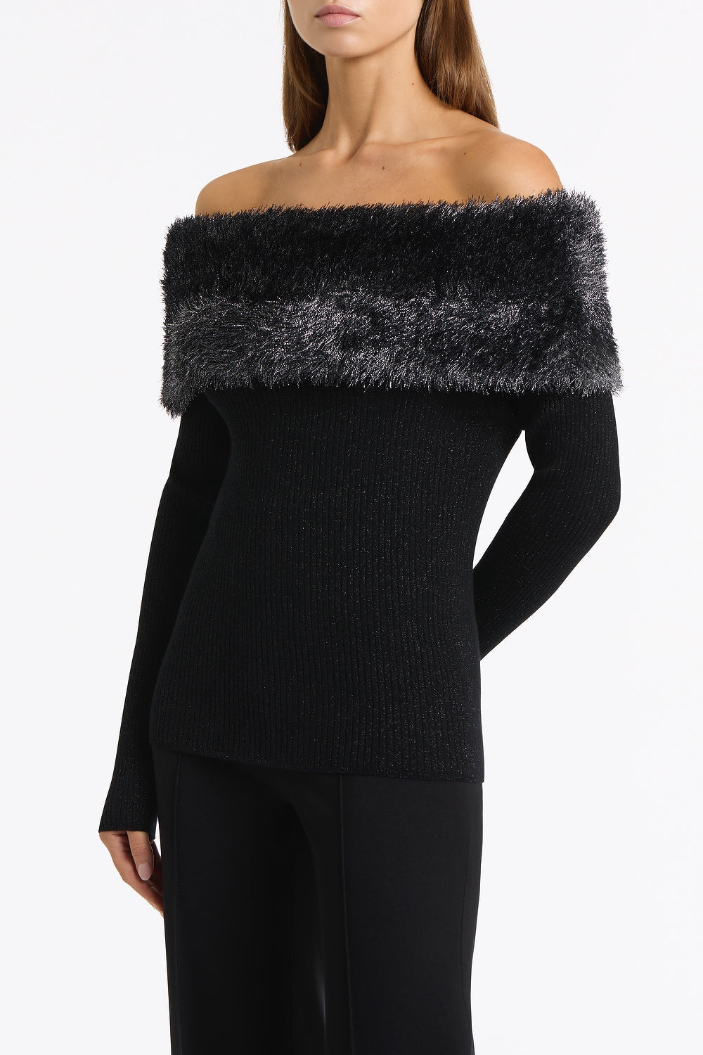 Carla Zampatti Shimmer Knit Off Shoulder Top (Black)