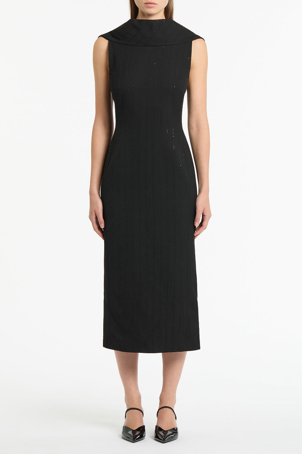 Image of Dresses. Product name - Black Starlight Twill Cowl Front Dress in Black colour by brand - Carla Zampatti