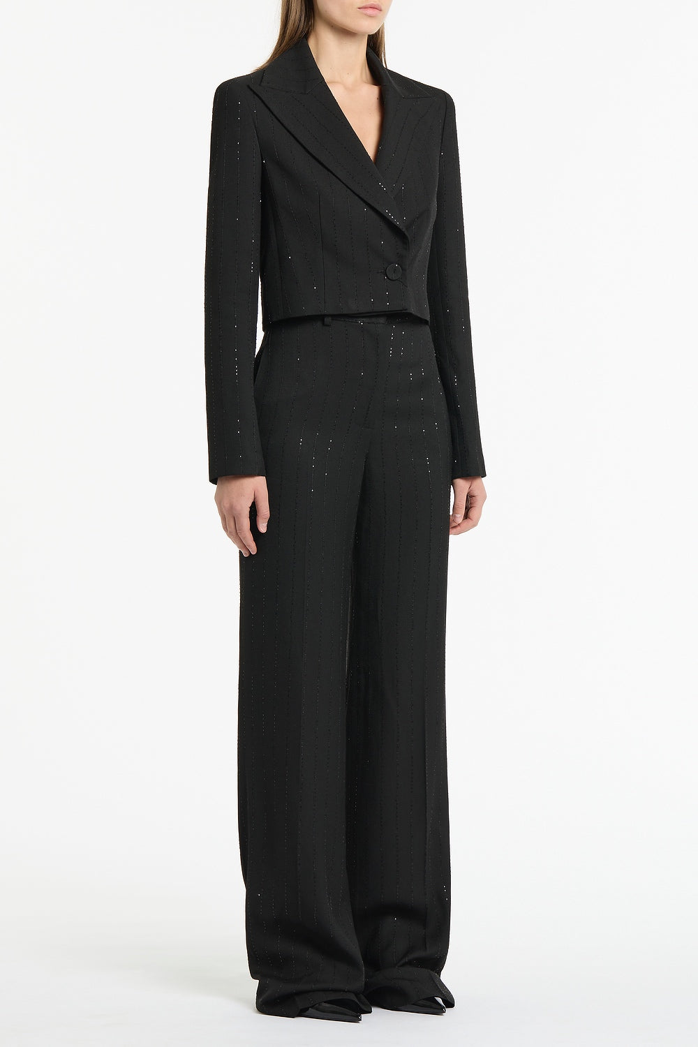 Carla Zampatti Starlight Twill Peaked Lapel Cropped Jacket (Black)
