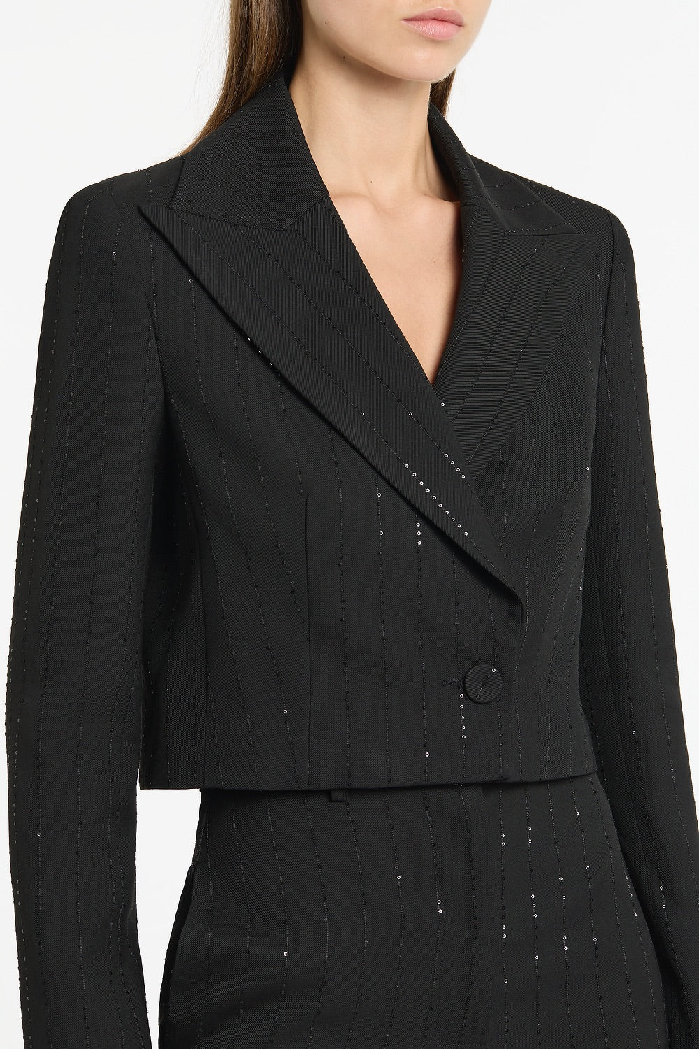 Carla Zampatti Starlight Twill Peaked Lapel Cropped Jacket (Black)