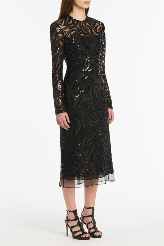 Carla Zampatti Swirl Sequin Long Sleeve Midi Dress (Black)