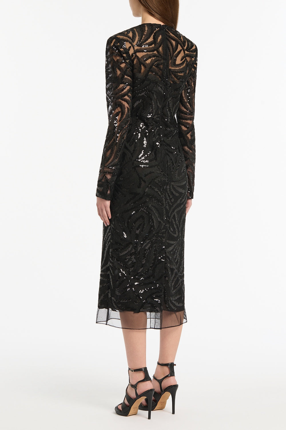 Carla Zampatti Swirl Sequin Long Sleeve Midi Dress (Black)