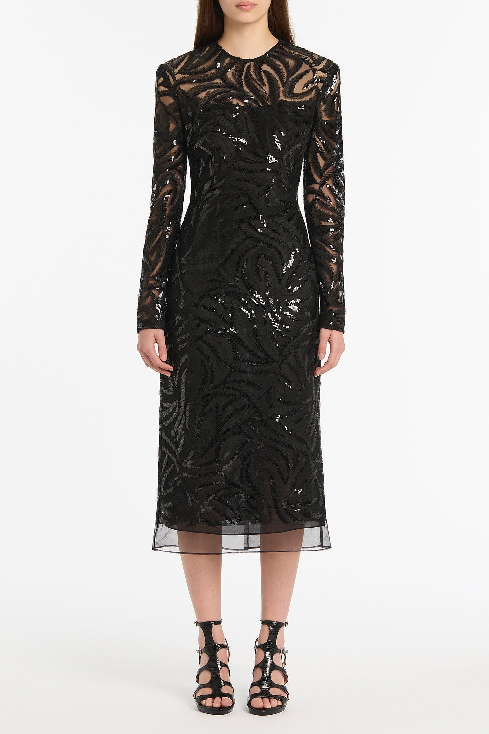 Image of Dresses. Product name - Black Swirl Sequin Long Sleeve Midi Dress in Navy colour by brand - Carla Zampatti