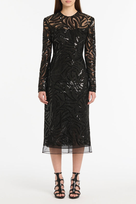 Image of Dresses. Product name - Black Swirl Sequin Long Sleeve Midi Dress in Navy colour by brand - Carla Zampatti