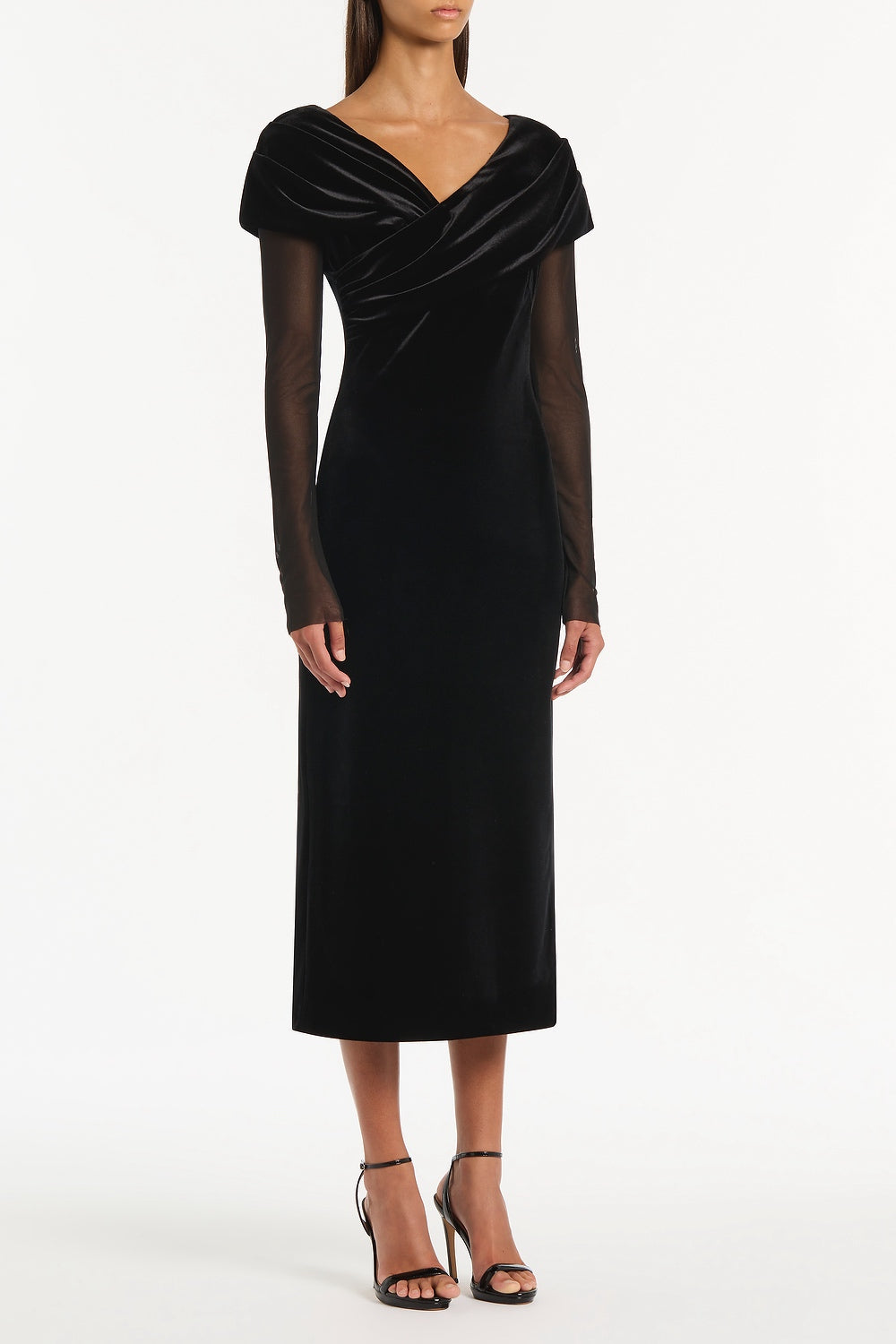 Carla Zampatti Velvet Mesh Draped Shoulder Midi Dress (Black)
