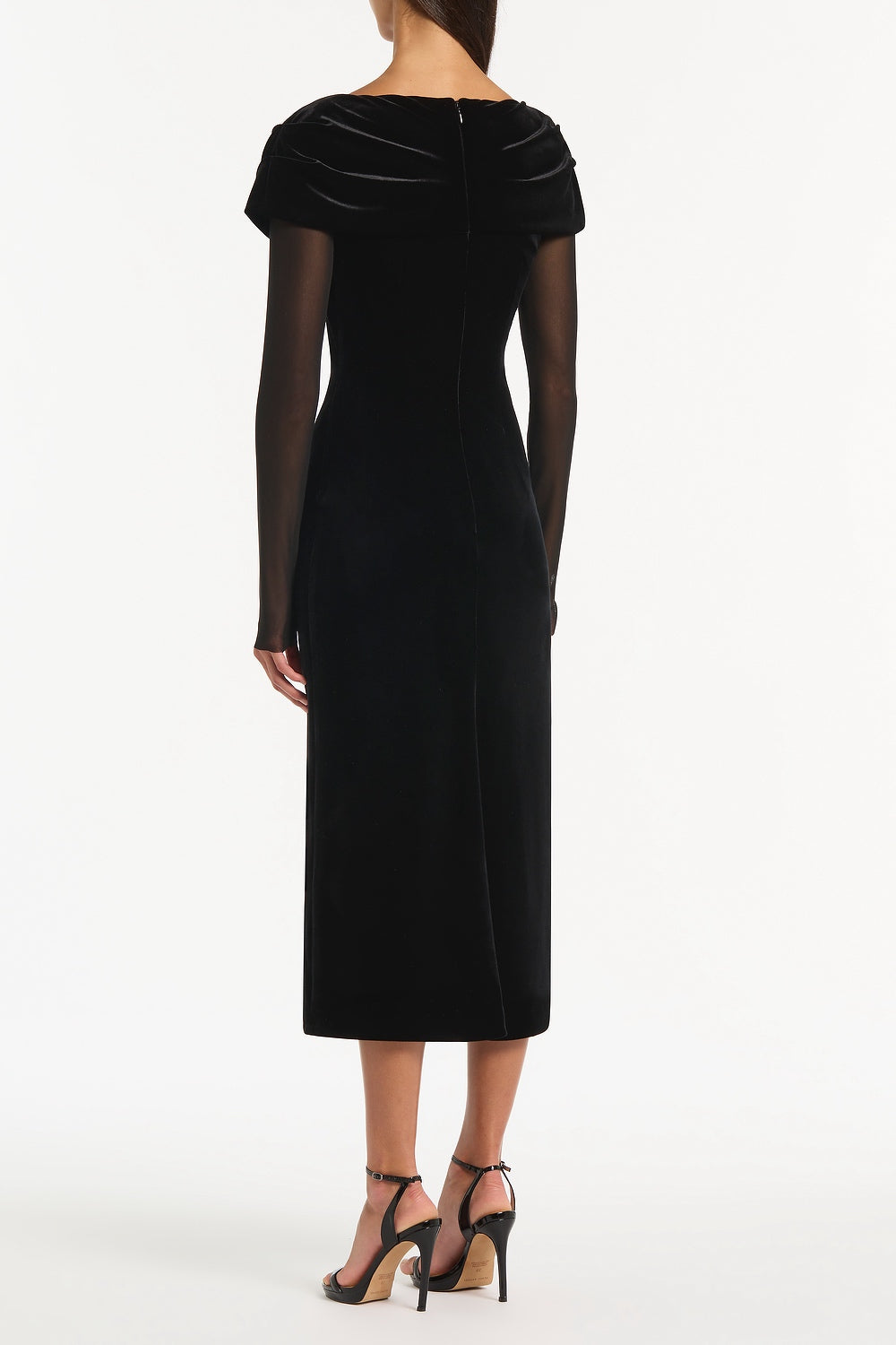 Carla Zampatti Velvet Mesh Draped Shoulder Midi Dress (Black)