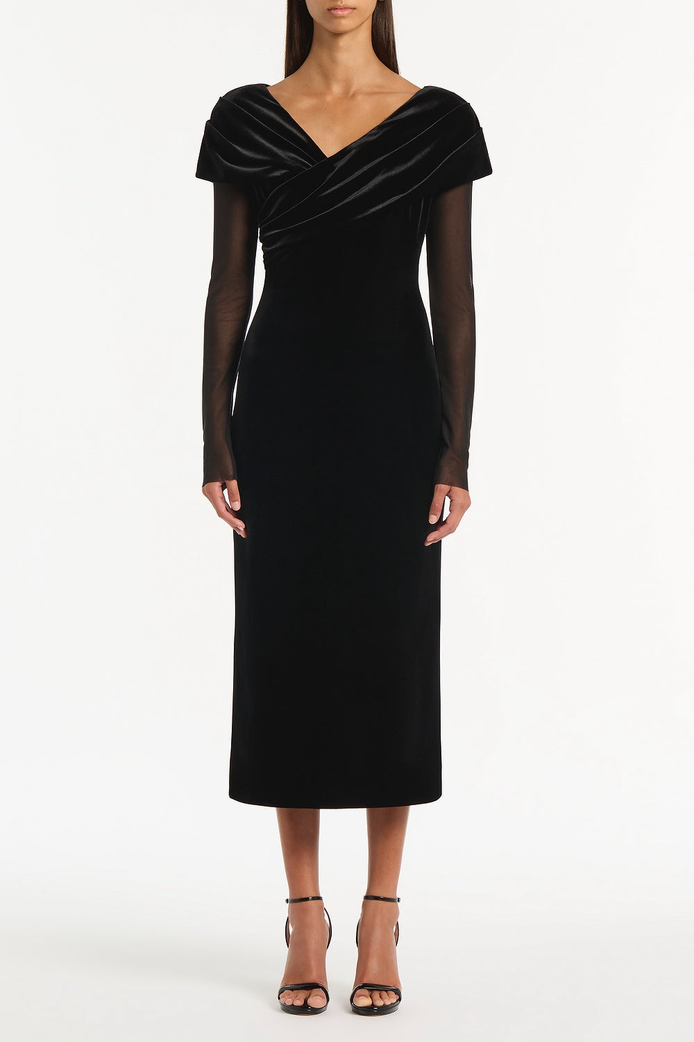 Image of Dresses. Product name - Black Velvet Mesh Draped Shoulder Midi Dress in Black colour by brand - Carla Zampatti
