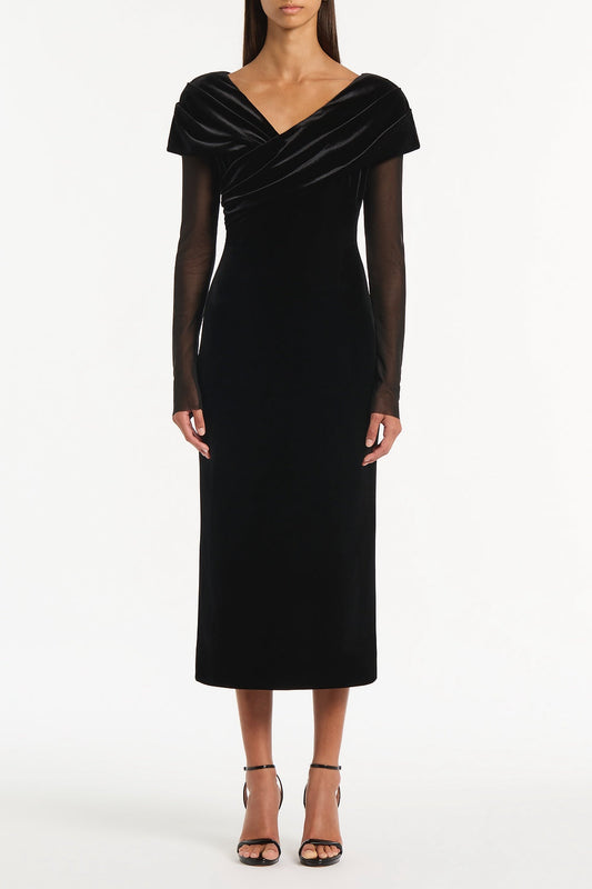 Image of Dresses. Product name - Black Velvet Mesh Draped Shoulder Midi Dress in Black colour by brand - Carla Zampatti