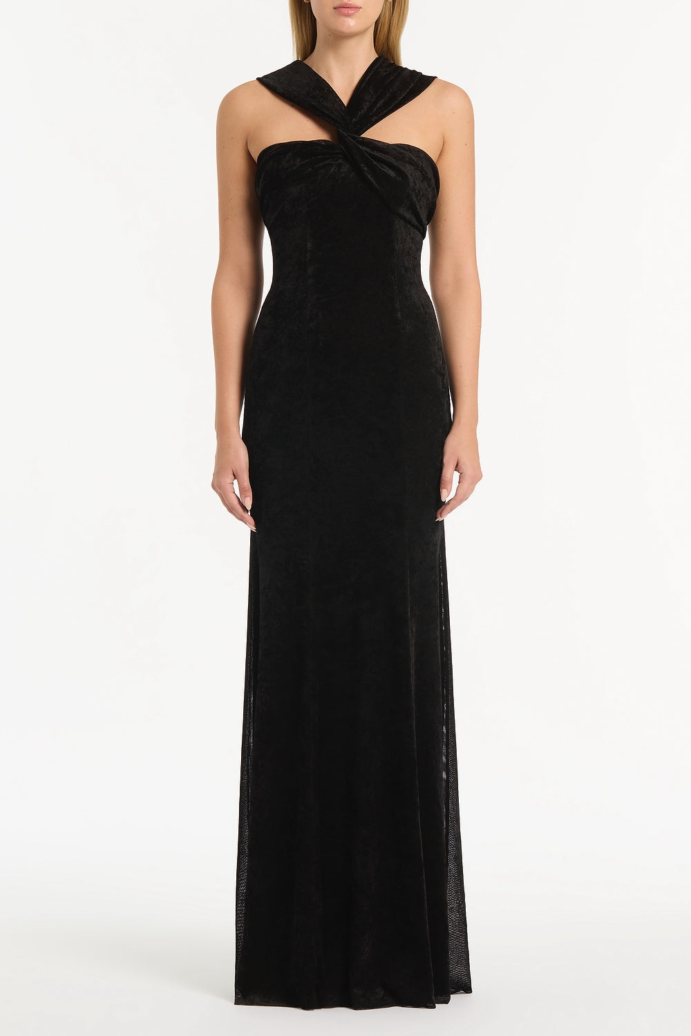 Image of Dresses. Product name - Black Velvet Mesh Gown in Black colour by brand - Carla Zampatti