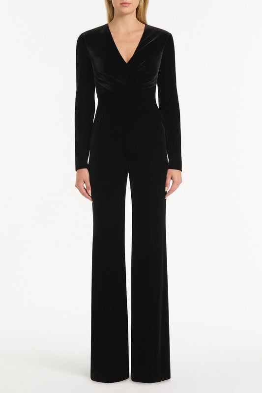 Image of Bodysuits. Product name - Black Velvet Tuck Front Jumpsuit in Black colour by brand - Carla Zampatti