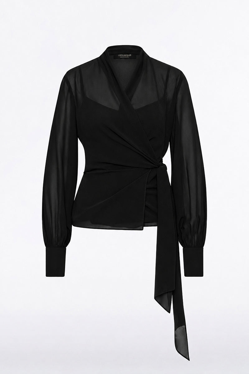Carla Zampatti Georgette Long Sleeve Wrap Blouse (Black)