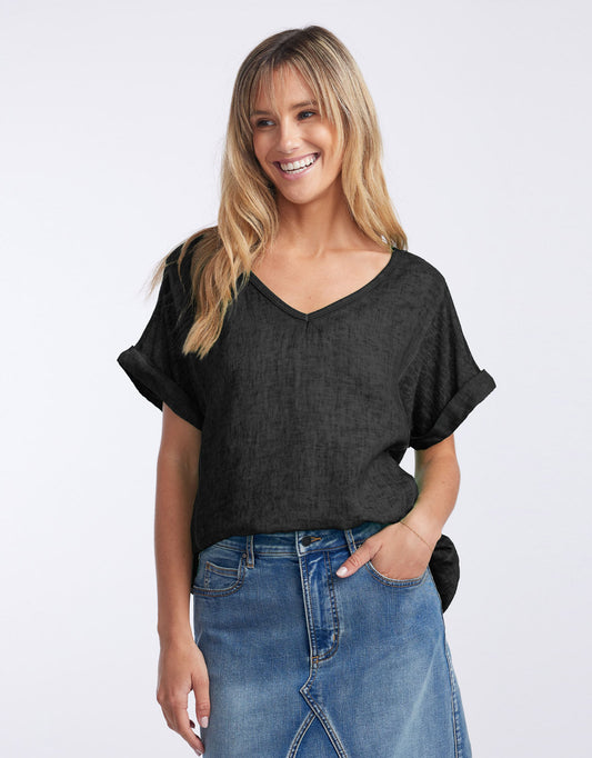 Image of a model wearing Tops. Product name - Calypso Linen Short Sleeve Top Black in Black colour by brand - Love From Italy