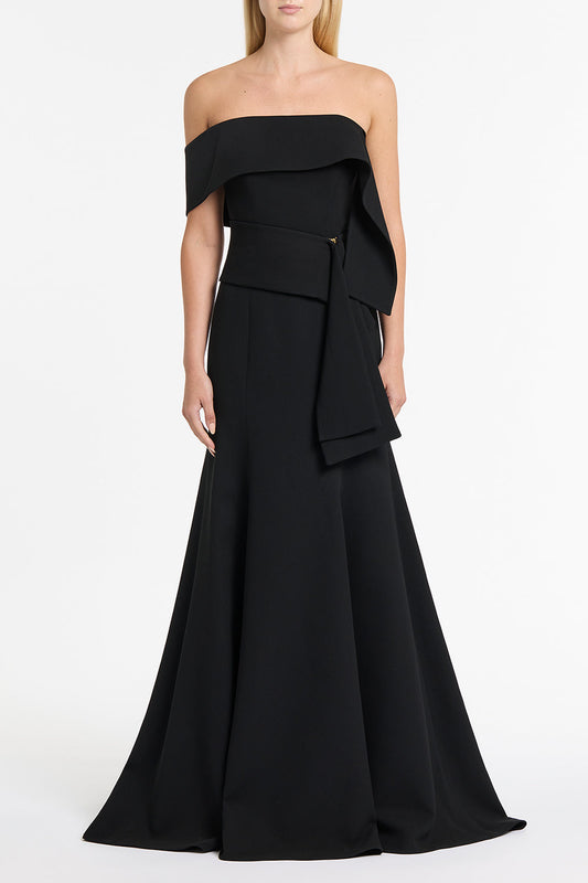 Image of Dresses. Product name - Black Crepe Asymmetrical La Banda Gown in Black colour by brand - Carla Zampatti